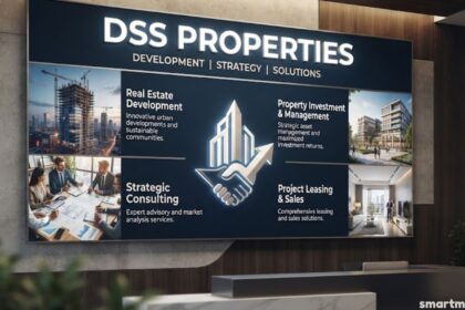 DSS Properties office reception featuring a branded development and strategy display showcasing real estate development, property investment, strategic consulting, and project leasing and sales.