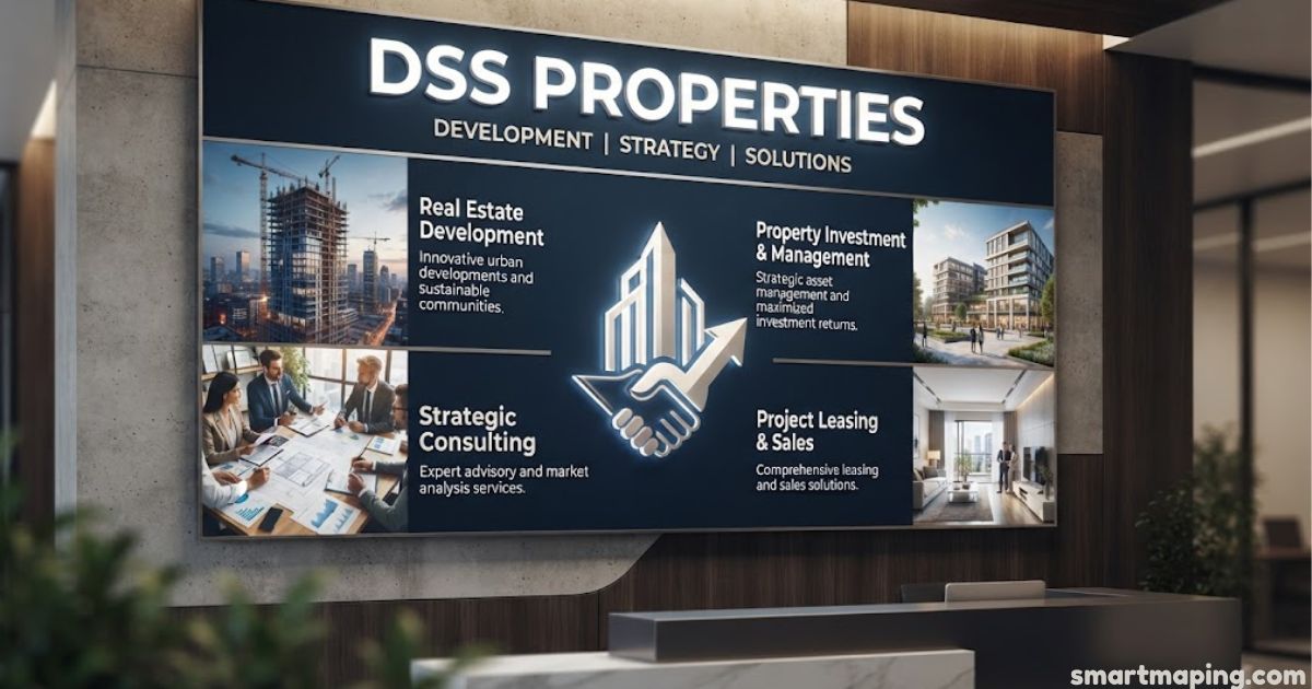 DSS Properties office reception featuring a branded development and strategy display showcasing real estate development, property investment, strategic consulting, and project leasing and sales.