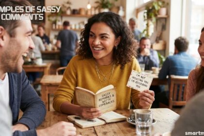 Examples of sassy comments featuring a confident woman holding a card with a witty remark while friends laugh together at a café.