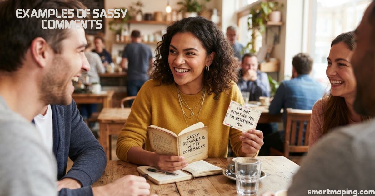 Examples of sassy comments featuring a confident woman holding a card with a witty remark while friends laugh together at a café.
