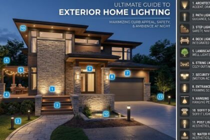 Exterior home lighting highlighting architectural lights, pathway lights, deck lighting, and landscape accents around a modern house.