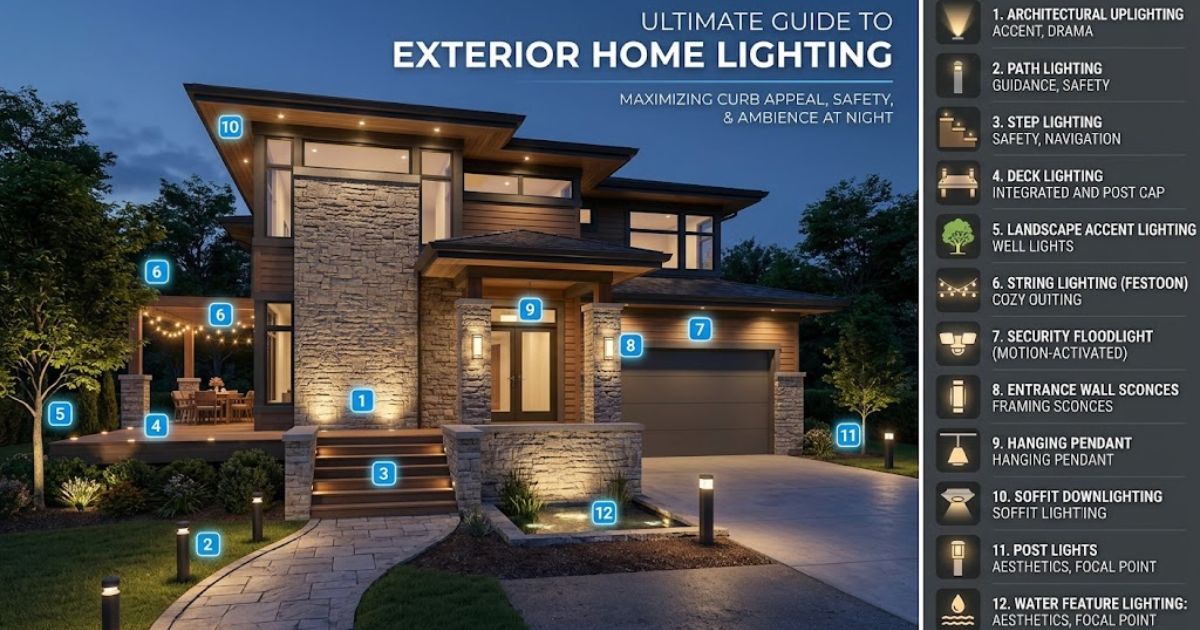 Exterior home lighting highlighting architectural lights, pathway lights, deck lighting, and landscape accents around a modern house.