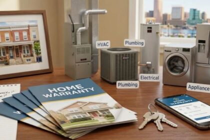 Home warranty brochures covering HVAC, plumbing, electrical systems, and household appliances.