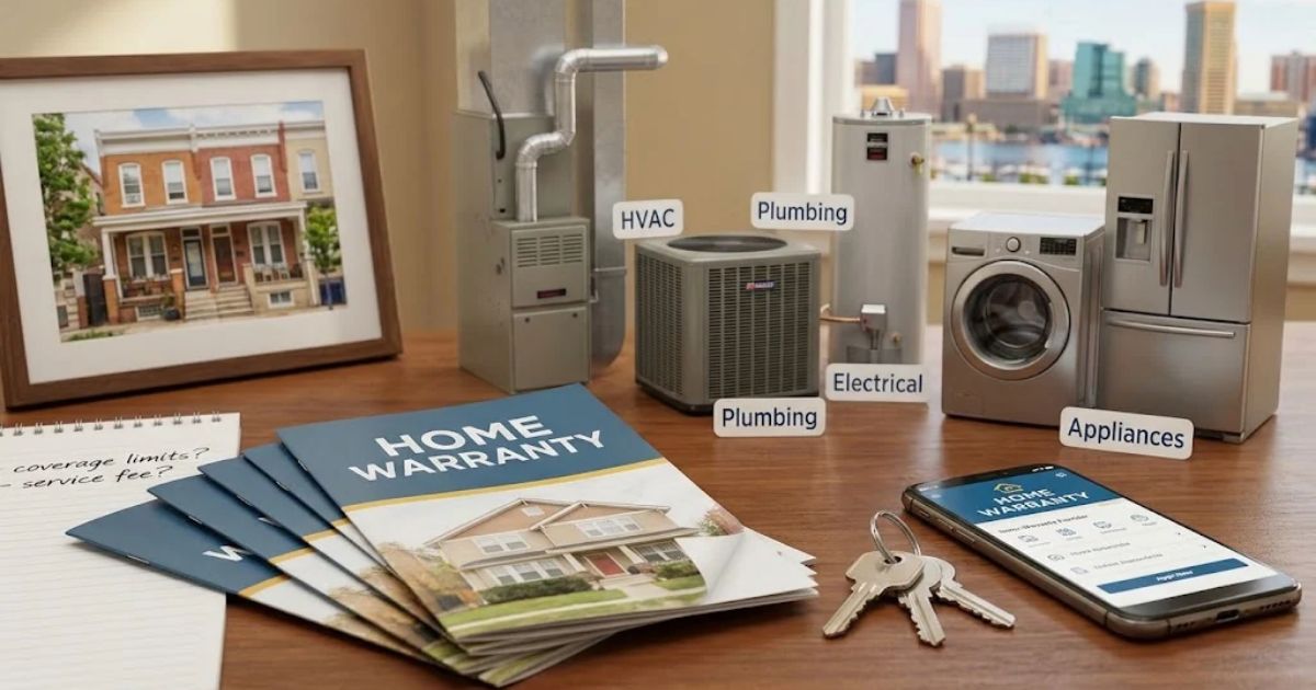 Home warranty brochures covering HVAC, plumbing, electrical systems, and household appliances.