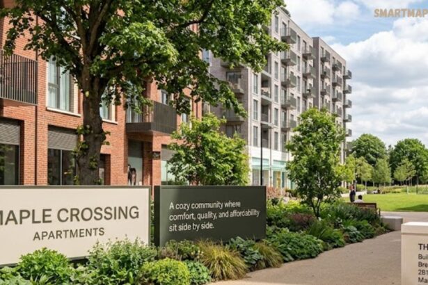 Maple Crossing Apartments surrounded by landscaped gardens, trees, and modern residential buildings.