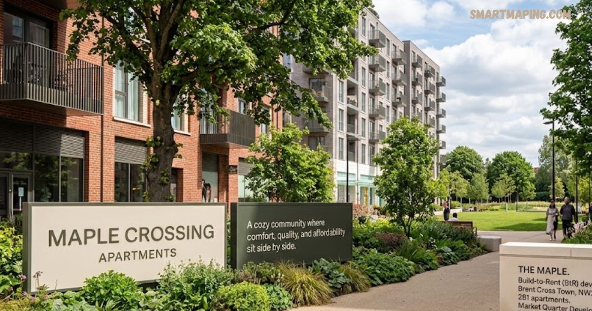 Maple Crossing Apartments surrounded by landscaped gardens, trees, and modern residential buildings.