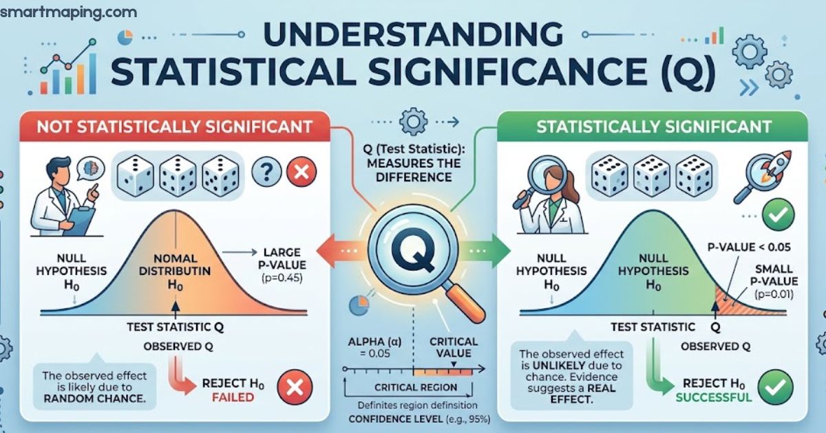 Q significant statistical significance infographic showing test statistic Q, p-values, null hypothesis, critical value, and statistically significant versus non-significant results.