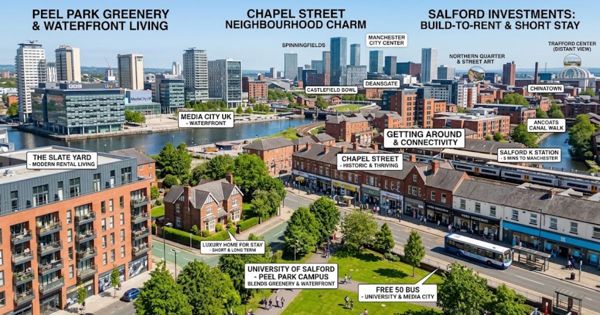 Salford home search showing waterfront properties, Peel Park greenery, and modern rental apartments in Salford.