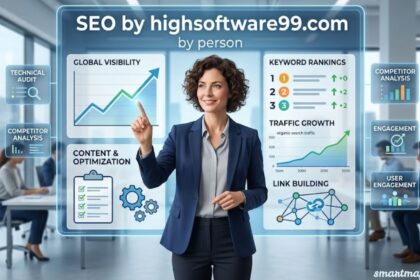 SEO by highsoftware99.com services with a professional woman analyzing keyword rankings, traffic growth, and link building.