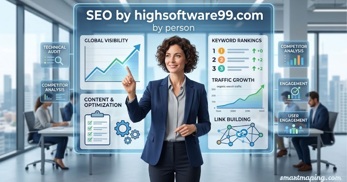 SEO by highsoftware99.com services with a professional woman analyzing keyword rankings, traffic growth, and link building.