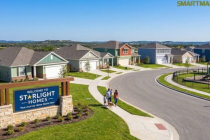 Starlight Homes reviews new construction community featuring affordable modern homes, landscaped lawns, sidewalks, and a welcoming neighborhood entrance.
