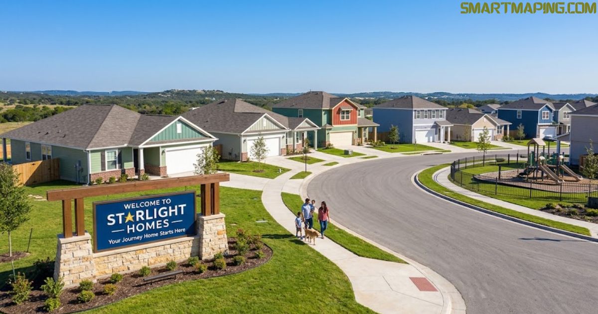 Starlight Homes reviews new construction community featuring affordable modern homes, landscaped lawns, sidewalks, and a welcoming neighborhood entrance.