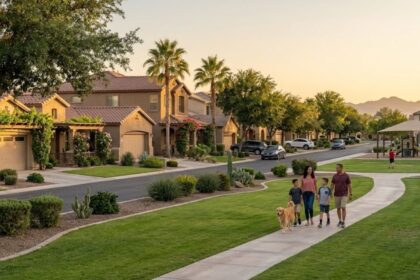 Vineyard Properties in Gilbert, Arizona, featuring family-friendly homes, landscaped lawns, and a peaceful suburban community.