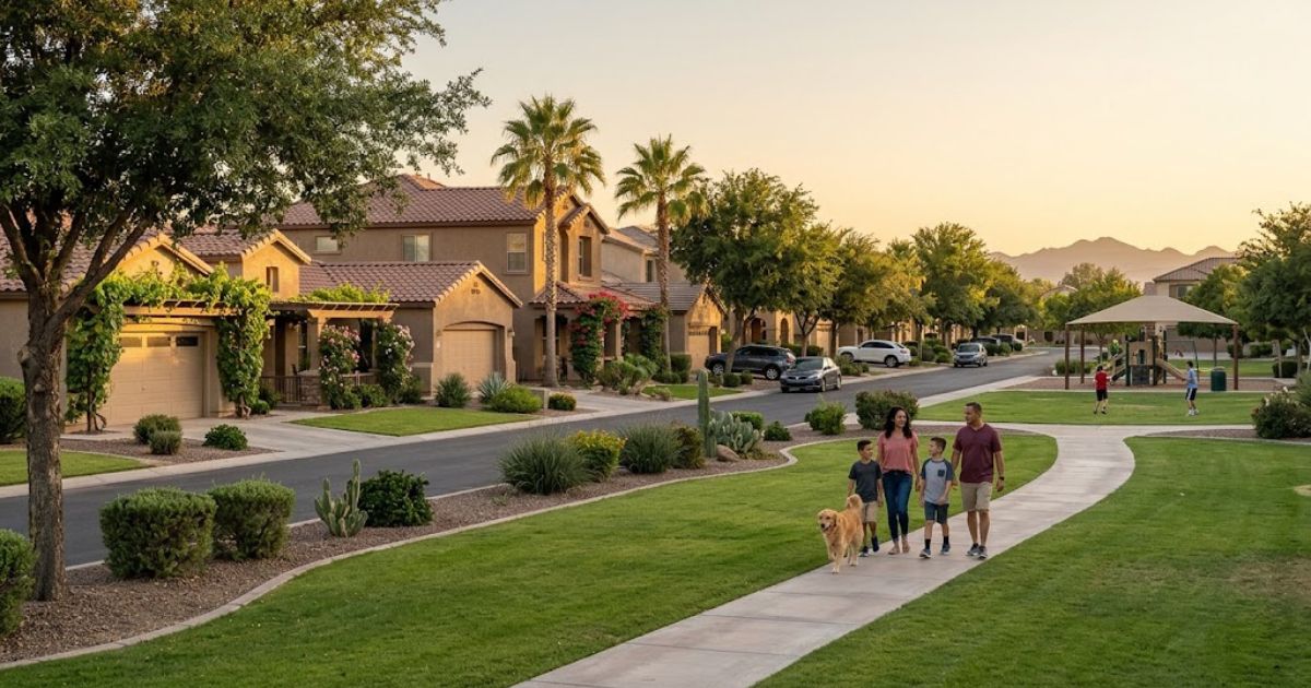Vineyard Properties in Gilbert, Arizona, featuring family-friendly homes, landscaped lawns, and a peaceful suburban community.